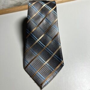 John Ashford Men's Tie‎ Plaid Pattern Gray Blue Gold Polyester
